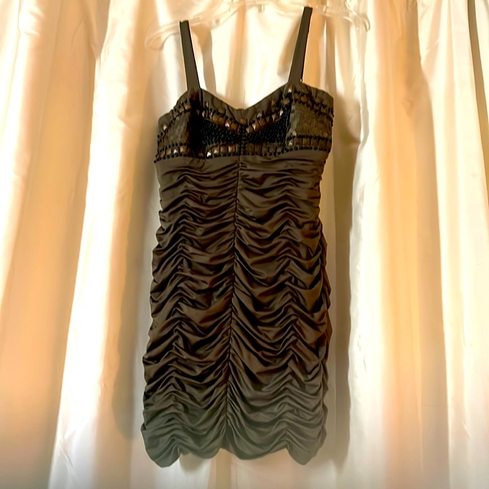 ARDEN B SizeMedium Army Green Ruched Spaghetti Strap Dress w/ heavily beaded top